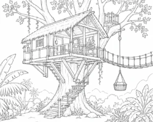 Treehouse Bridge Walkway Coloring Page