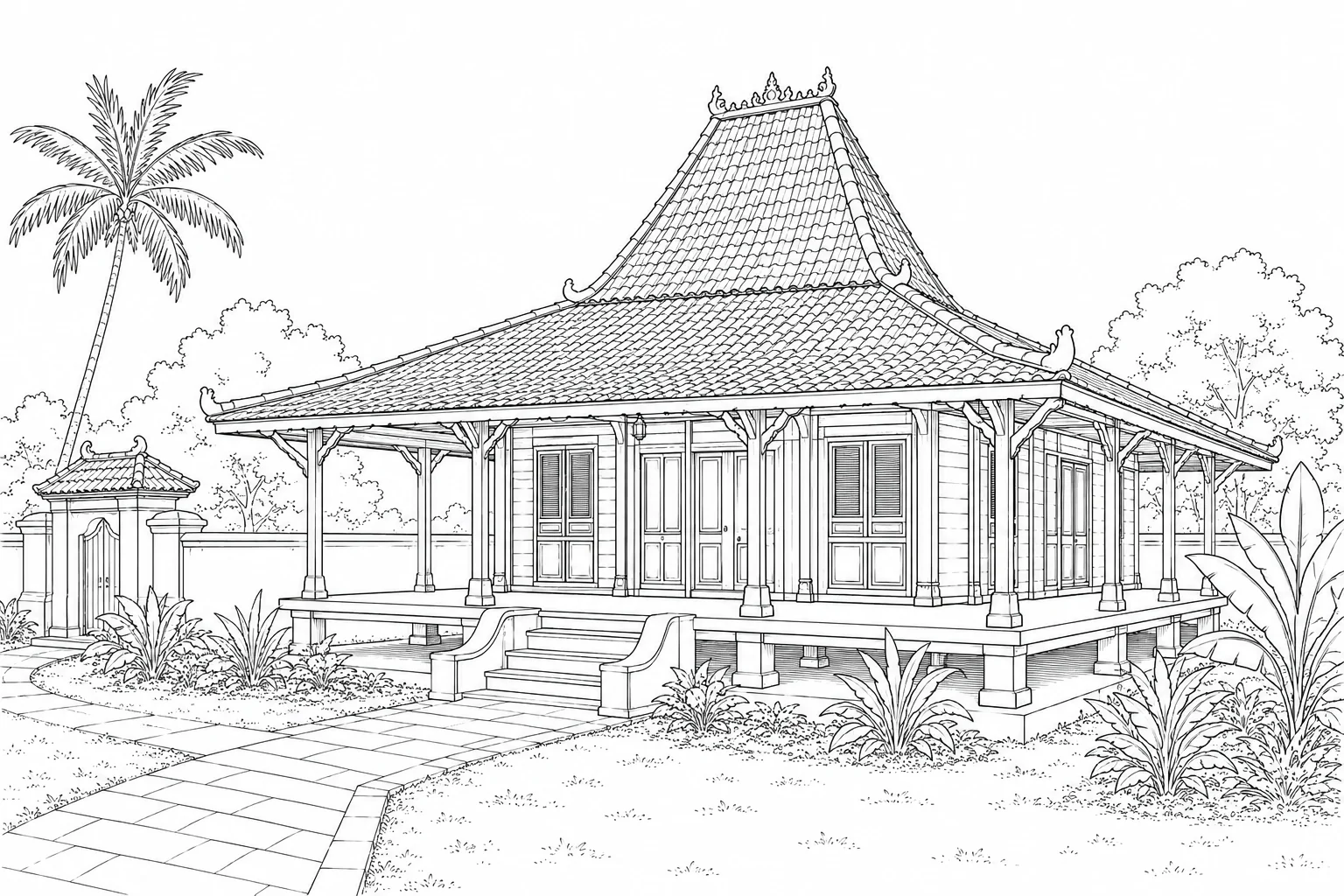 Tropical Bungalow Scene 405 Coloring Page