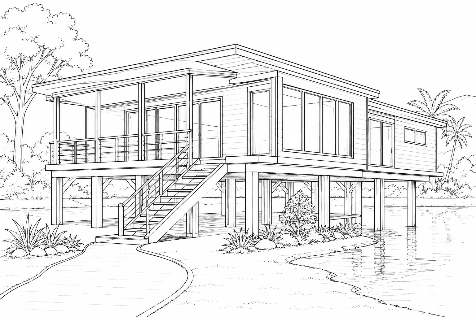 Tropical Bungalow Scene 692 Coloring Page