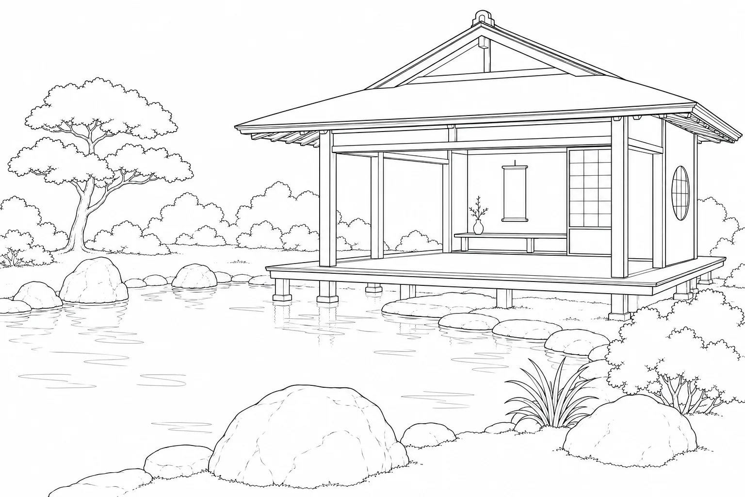 Tropical Japanese Garden Tea House Coloring Page