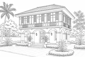 Tropical Villa With Fountain Coloring Page