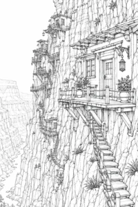 Vertical Cliff Stair House Coloring Page
