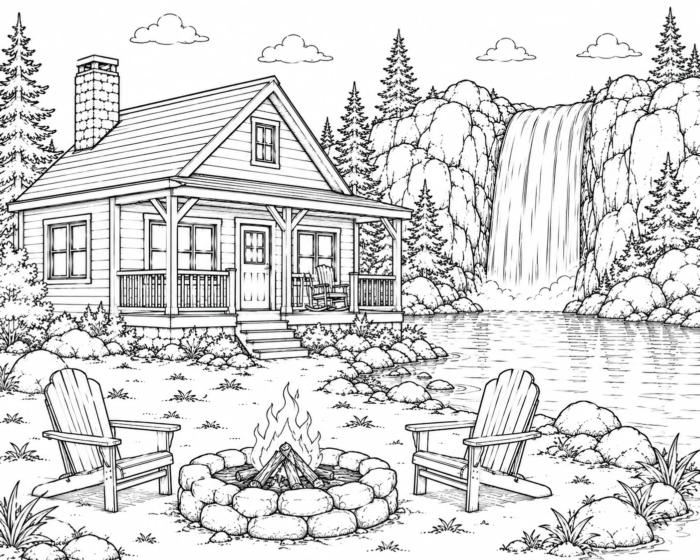 Waterfall Cabin With Firepit Coloring Page