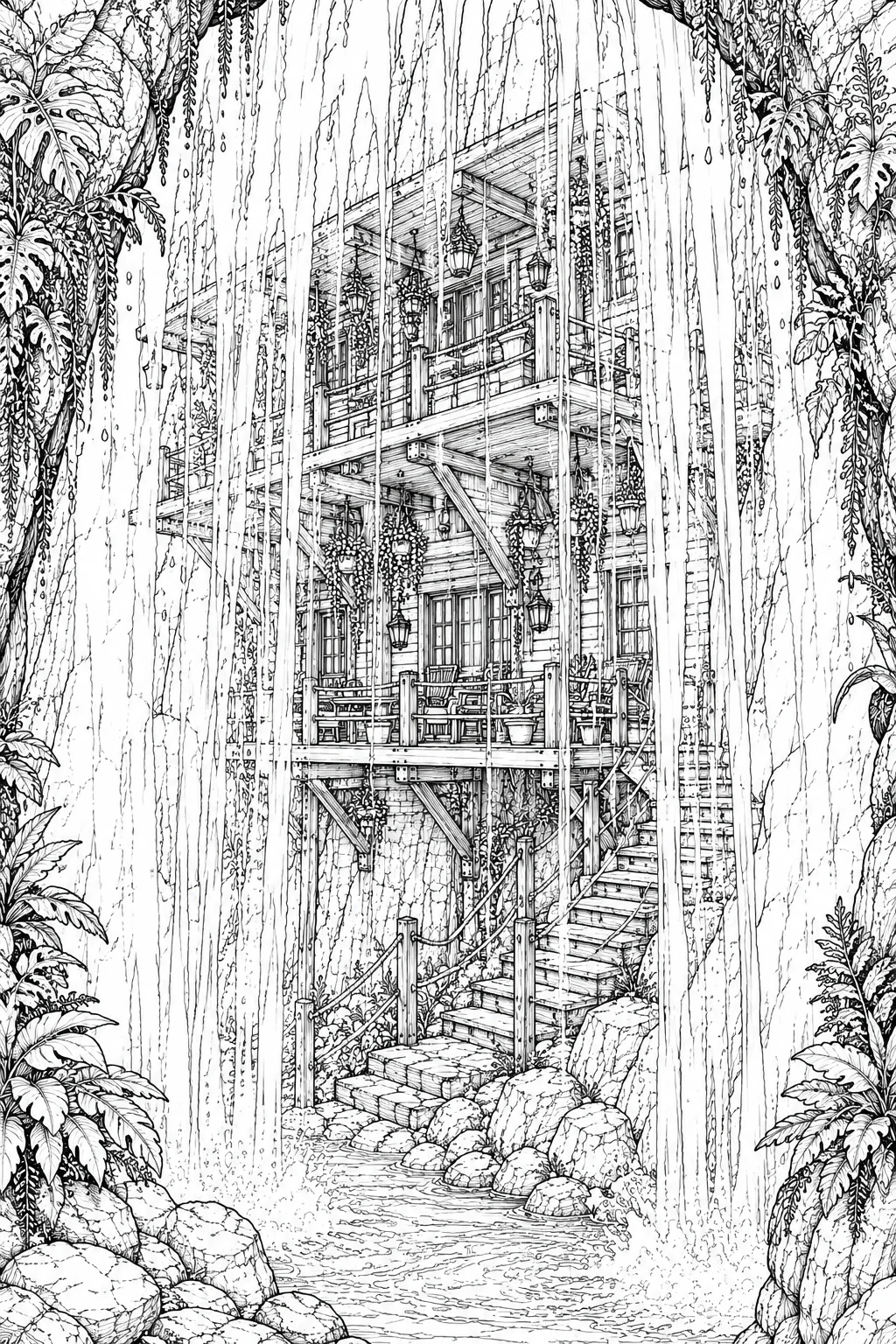 Waterfall Cliff House Coloring Page