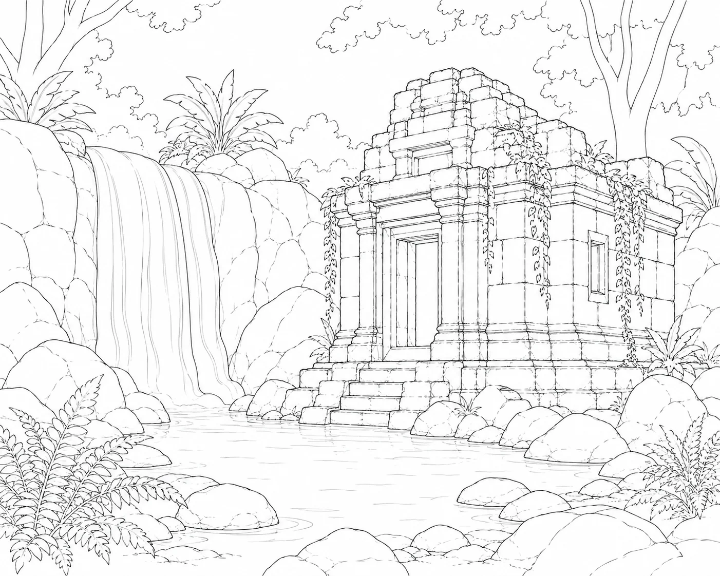Waterfall Temple Ruins Coloring Page
