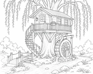 Waterwheel Treehouse Coloring Page