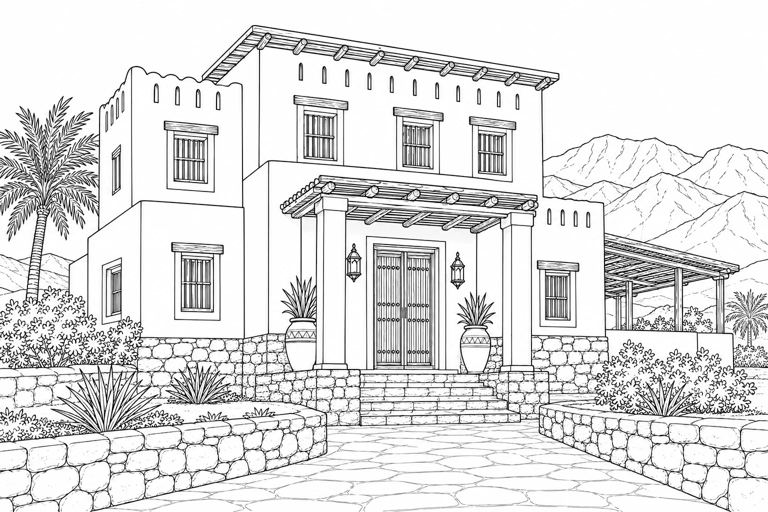 White Villa With Palm Tree Coloring Page