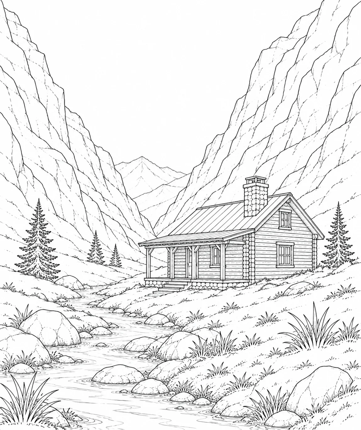 Winding Path Mountain Cabin Coloring Page