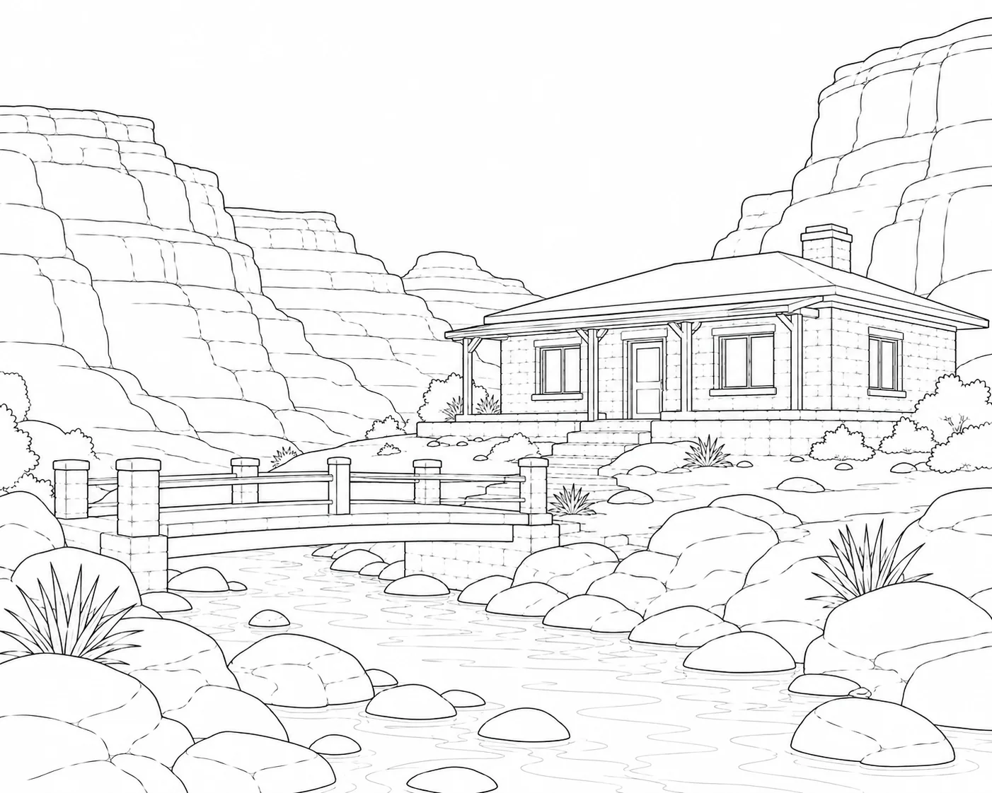 Woodland Cliffside Canyon Home Coloring Page