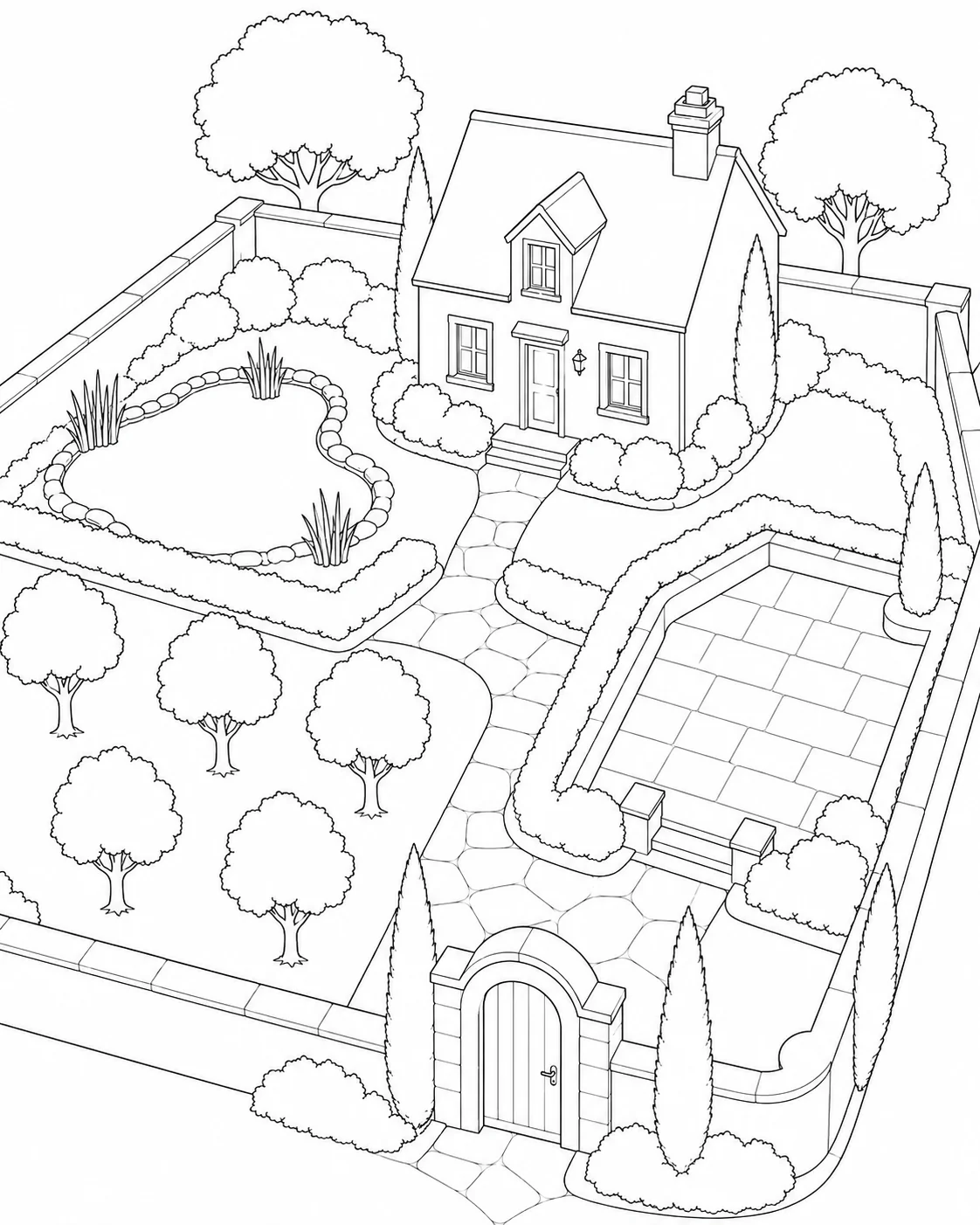 Woodland Japanese Garden Bridge Coloring Page