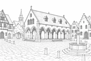 Ancient Courtyard Scene Coloring Page Set 2