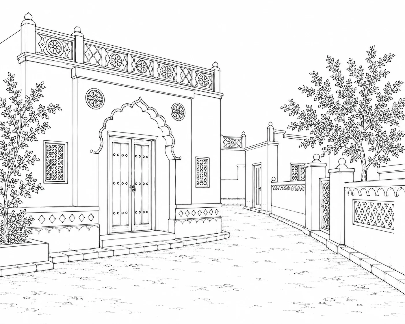 Architecture Street View Line Art Coloring Page