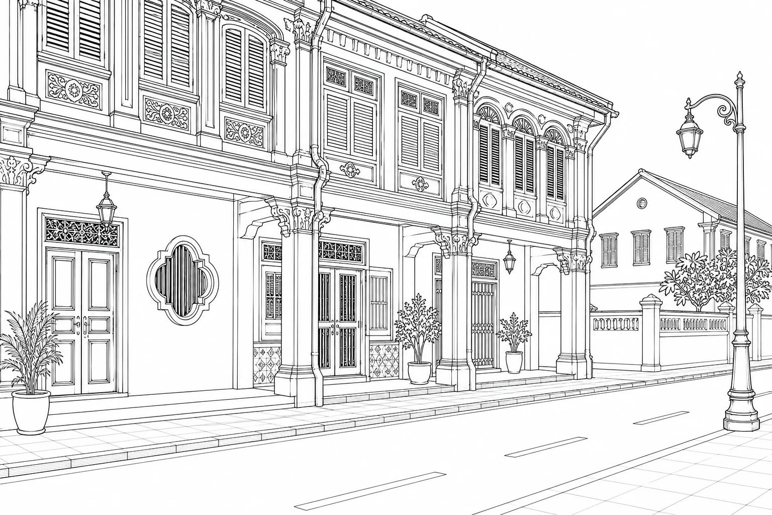 Cafe Street Corner Detailed Coloring Page