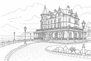 Classical Column Hall Scene Coloring Page Set 4