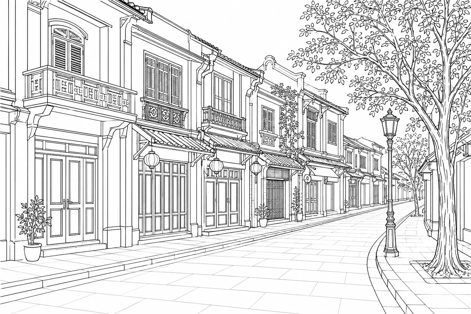 Cobblestone Lane Line Art Coloring Page