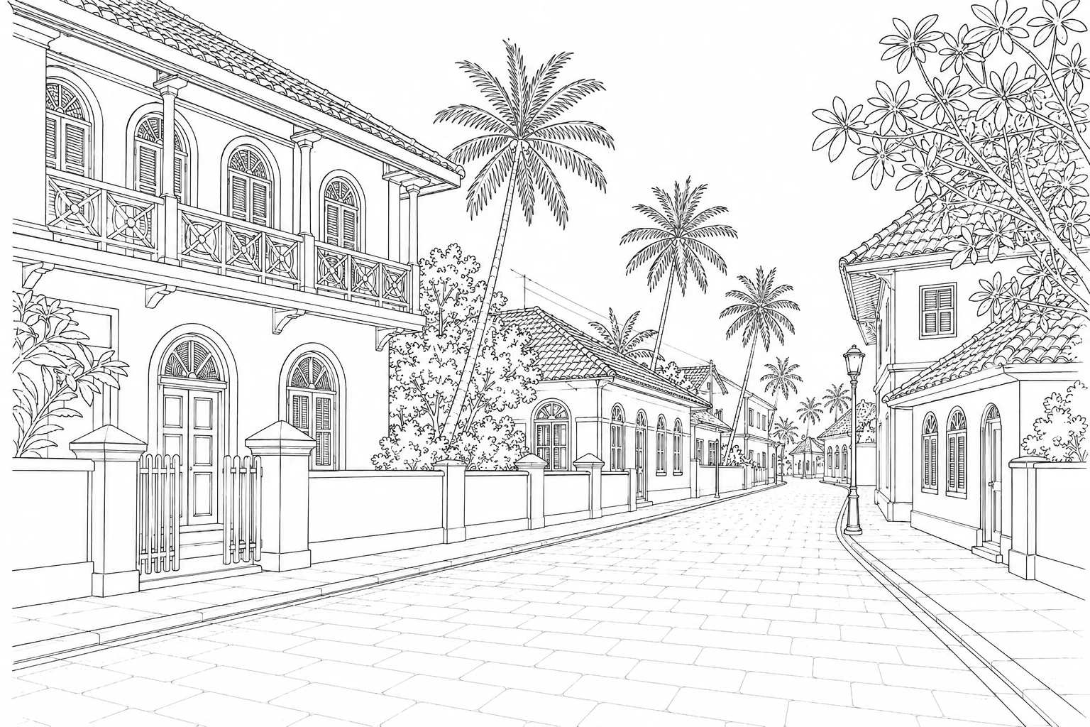 Cobblestone Lane Architecture Coloring Page