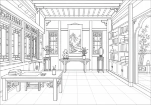Cozy Living Room Scene Coloring Page Set 4
