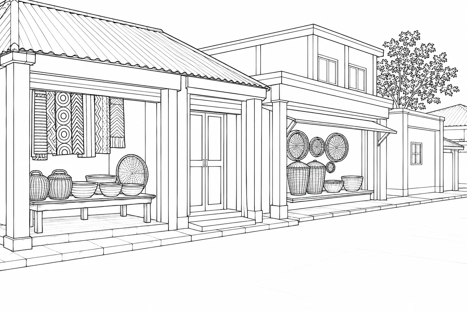 Cozy Village Street City View Coloring Page