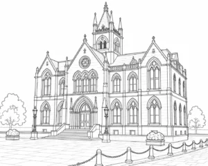 Historic Stone Building Scene Coloring Page Set 4