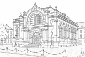 Historic Stone Building Scene Coloring Page