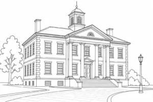 Historic Stone Building Scene Coloring Page