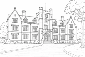 Historic Stone Building Scene Coloring Page