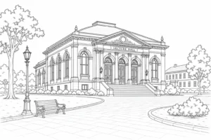 Historic Stone Building Scene Coloring Page Set 3