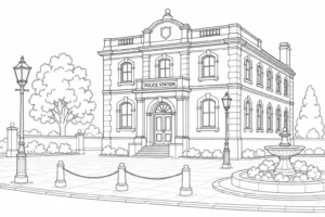 Historic Stone Building Scene Coloring Page Set 4