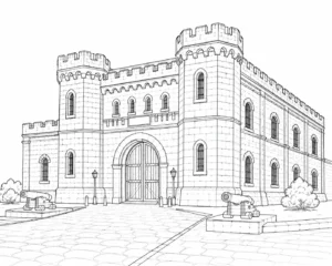Historic Stone Building Scene Coloring Page Set 5