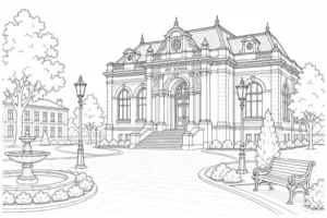 Historic Town Square Scene Coloring Page Set 3