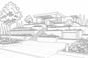 Modern Courtyard Home Scene Coloring Page Set 3