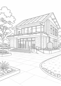Modern Glass House Scene Coloring Page