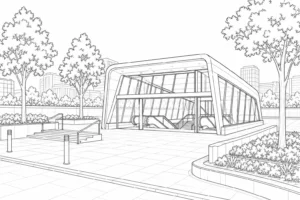 Modern Glass House Scene Coloring Page Set 2
