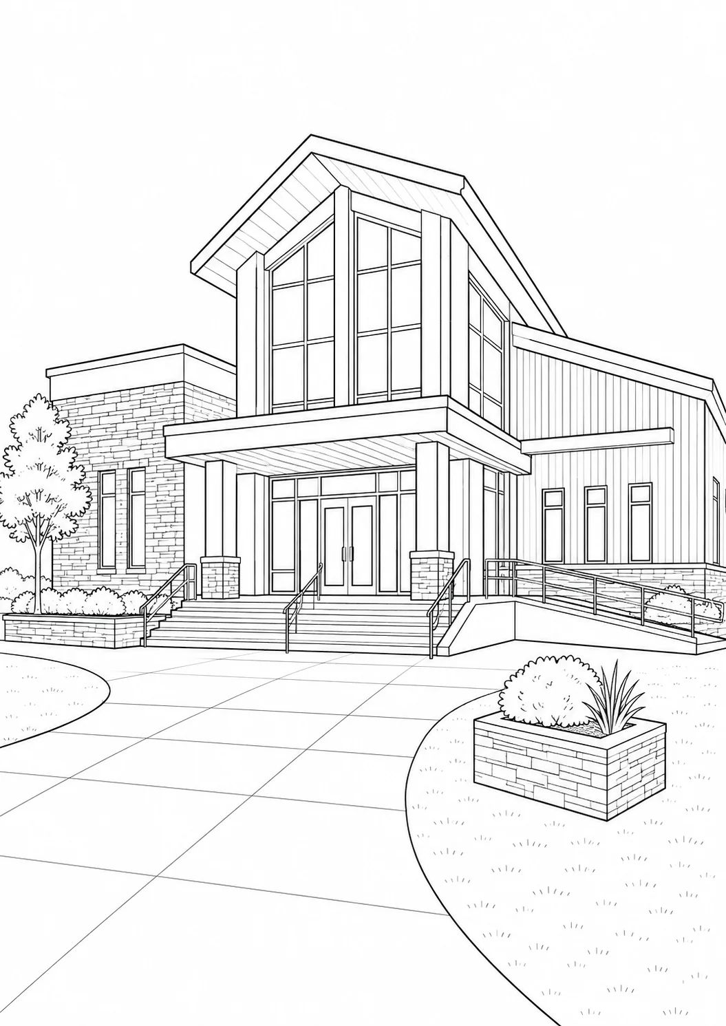 Open Plan Modern Home Scene Coloring Page