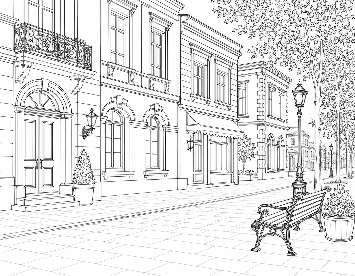 Peaceful Street Street Scene Coloring Page