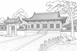 Traditional Courtyard Scene Coloring Page Set 3