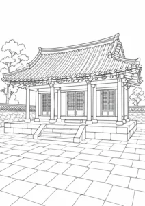 Traditional Courtyard Scene Coloring Page Set 3