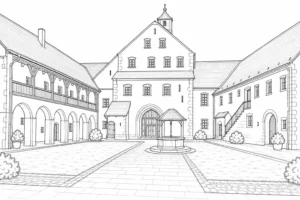 Traditional Stone House Scene Coloring Page Set 2