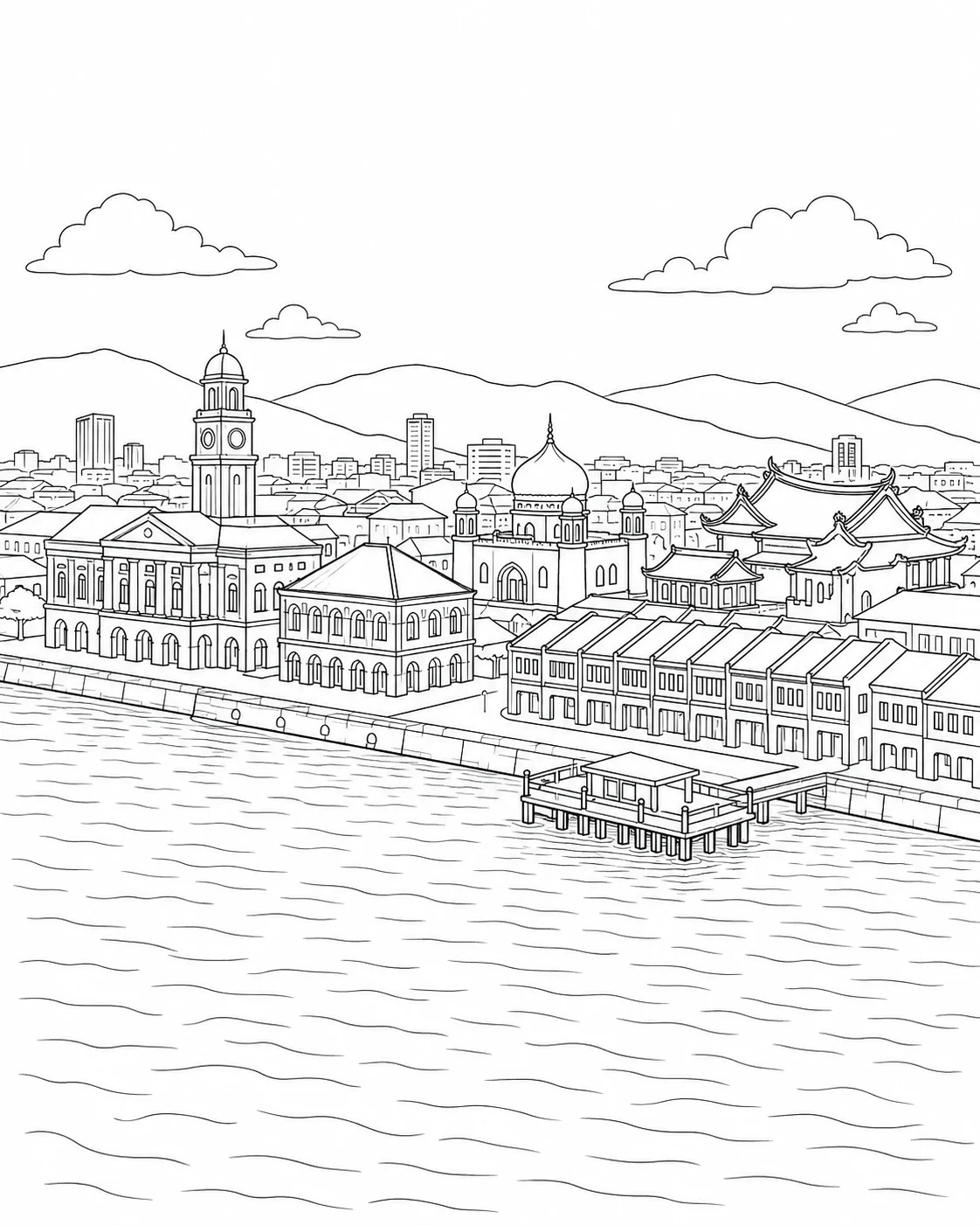 Busy Urban Center Scene Coloring Page Set 3