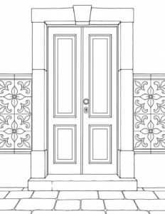 Carved Wooden Door Scene Coloring Page