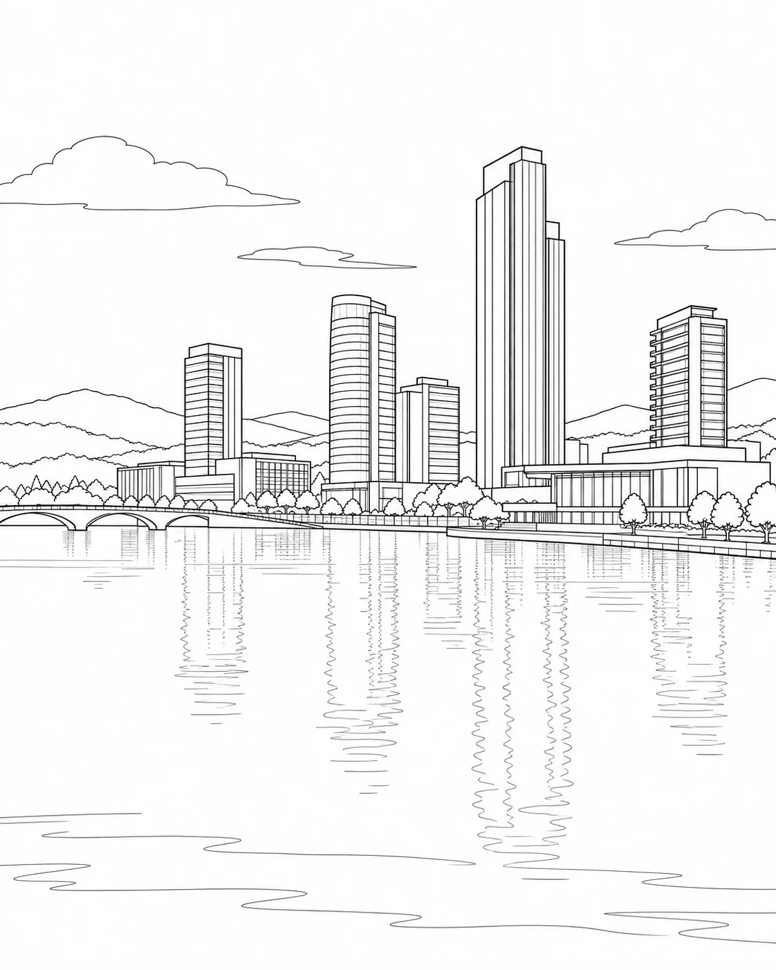 Printable City Park Skyline Adult Coloring Page
