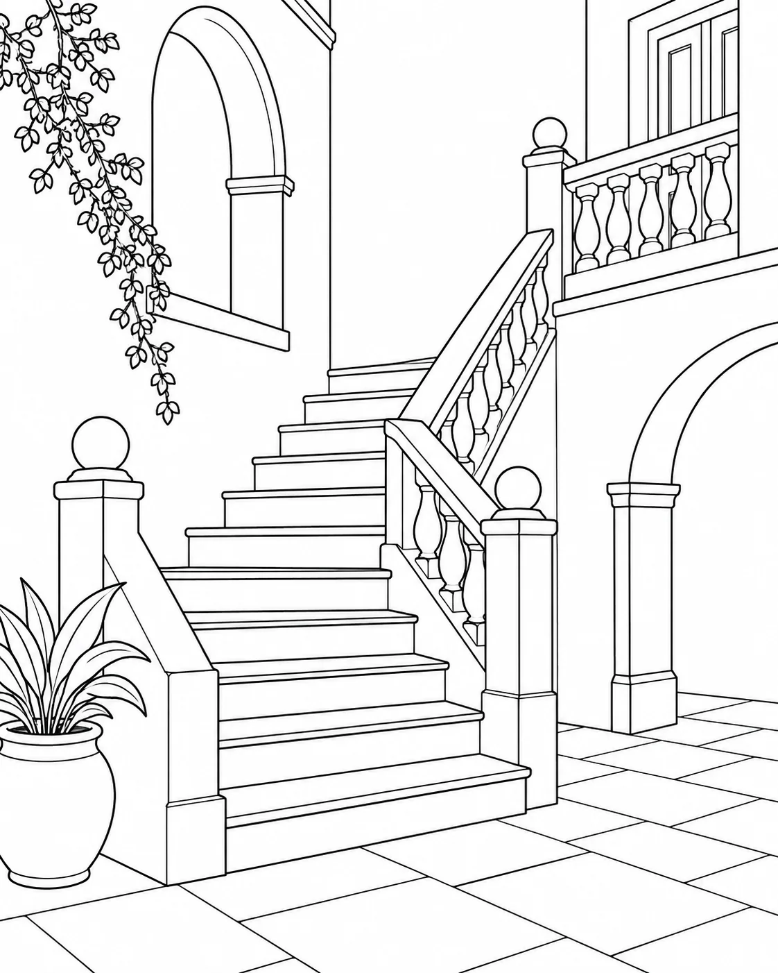 Printable Detailed Staircase Adult Coloring Page