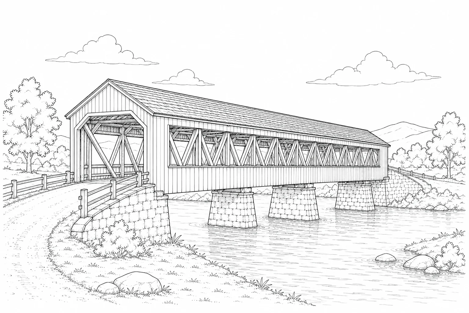 Historic Bridge Scene Coloring Page Set 3