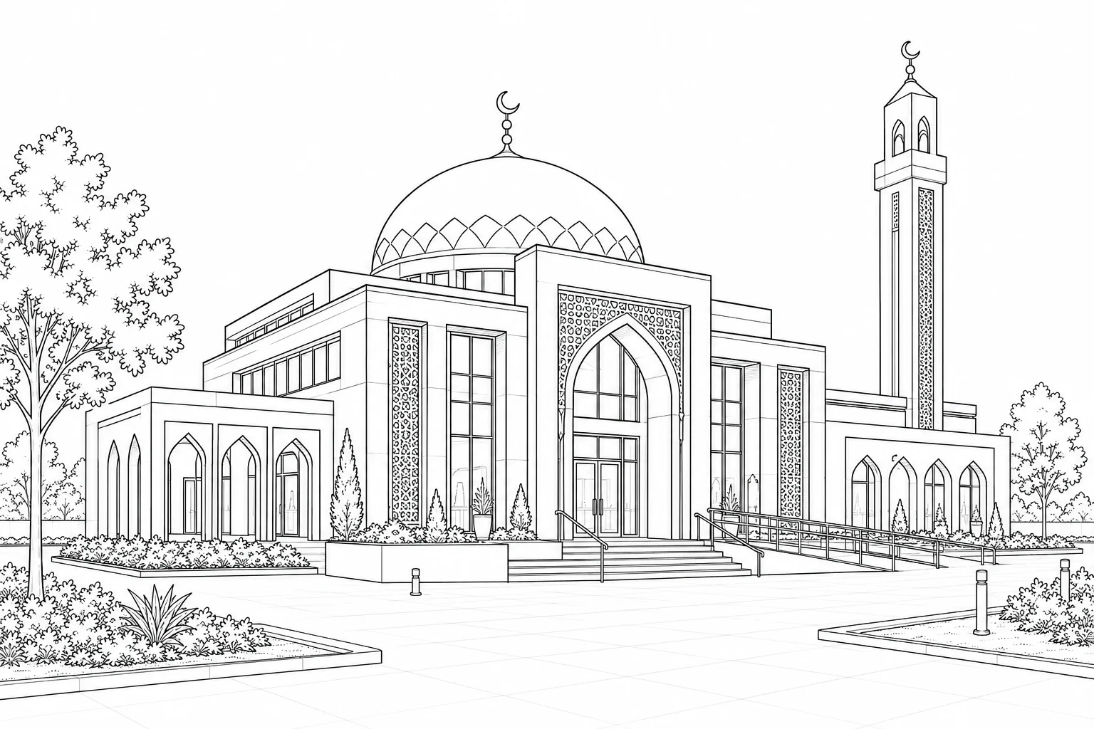 Modern Courtyard Home Coloring Page for Adults