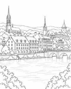 Mountain Cityscape Scene Coloring Page