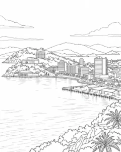 Mountain Cityscape Scene Coloring Page Set 2