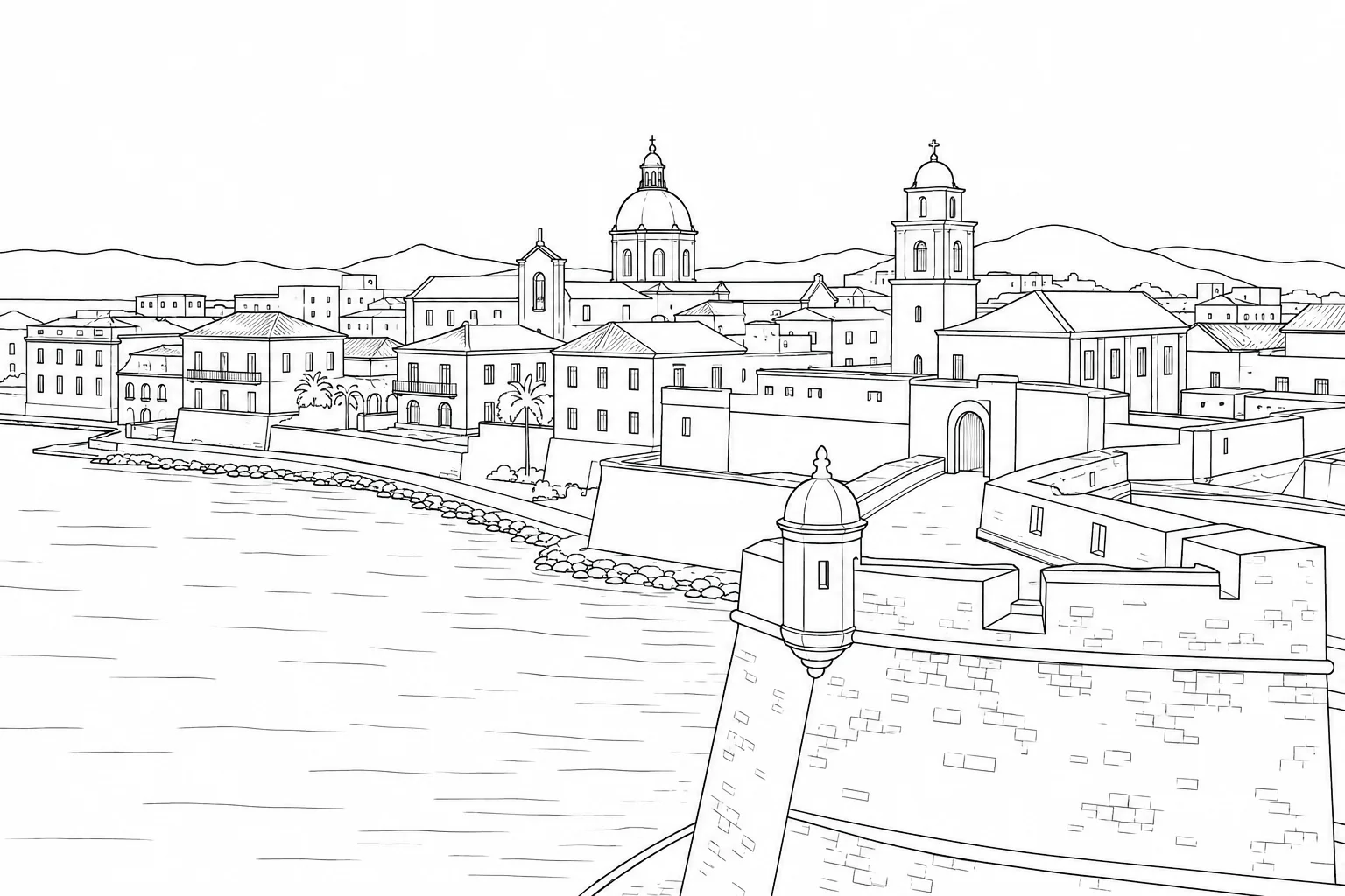 Panoramic City Skyline Scene Coloring Page