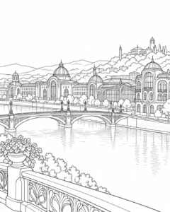 Panoramic City Skyline Scene Coloring Page