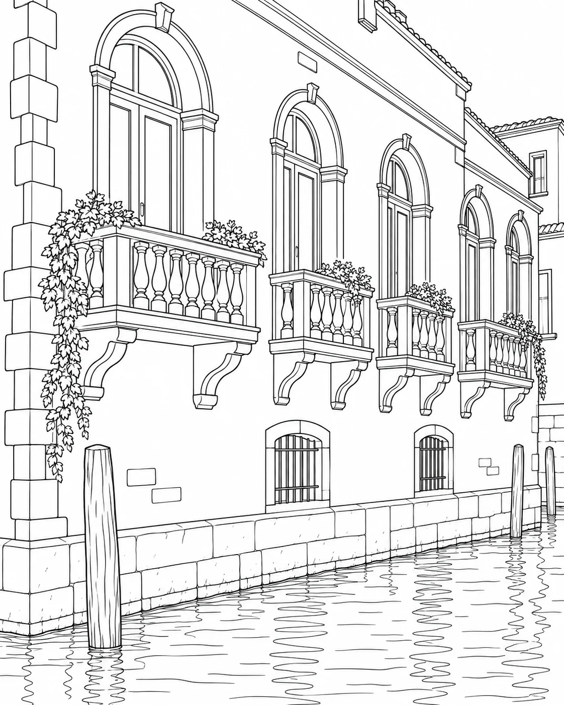 Patterned Building Front Coloring Page for Adults