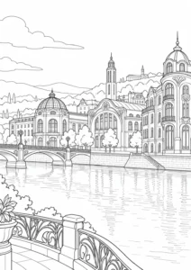 Residential City View Scene Coloring Page